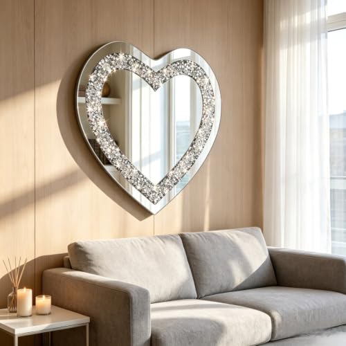 Crystal Crush Diamond Heart Shaped Silver Mirror for Wall Decoration 24x24x1 inch Wall Hang Frameless Mirror Acrylic Diamond Décor.