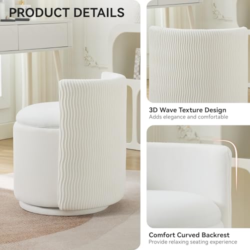 Velvet Vanity Chair with Storage, 360° Swivel Makeup Chair with Wave Back, No Assembly Small Accent Stool for Bedroom, Dressing, Living Room, White