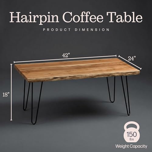 Live Edge Wood Coffee Table with Hairpin Metal Legs – Rustic Modern Farmhouse Living Room Table with Acacia Wood Top (42 Inch)