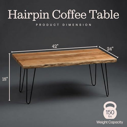 Live Edge Wood Coffee Table with Hairpin Metal Legs – Rustic Modern Farmhouse Living Room Table with Acacia Wood Top (42 Inch)