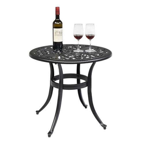 23.6" Cast Aluminum Round Patio Table with Umbrella Hole - All Weather Outdoor Bistro & End Table (Black)
