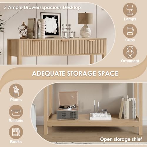 Fluted Console Table, Wooden Sofa Table with Storage and Drawers, Farmhouse Behind Couch Table Entryway Table for Entrance, Hallway, Living Room, Oak