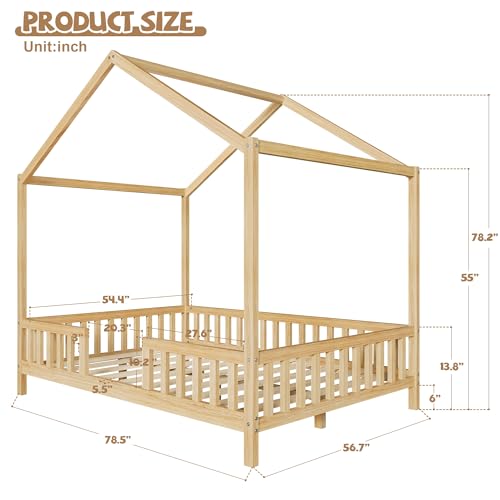 Full Size Montessori Toddler Floor Bed with Canopy and Roof, view 3