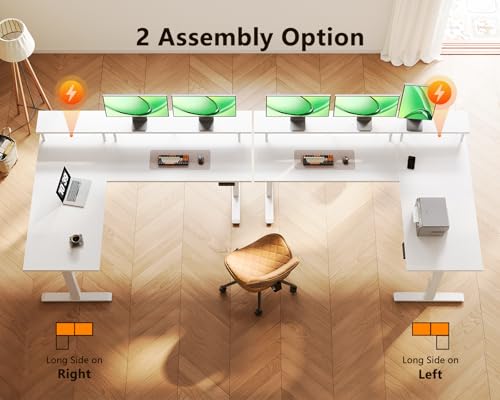 Electric L-Shaped Standing Desk, 59 Inch Height Adjustable Office Desk with Monitor Stand, Sit-Stand Desk with Power Outlets, Large Lift Table for Home, Office, Workstation, White