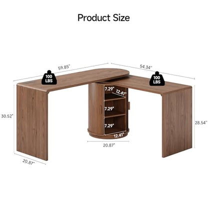 60 in L Shaped Desks,360° Rotating Swivel Corner Desk,Walnut, view 3