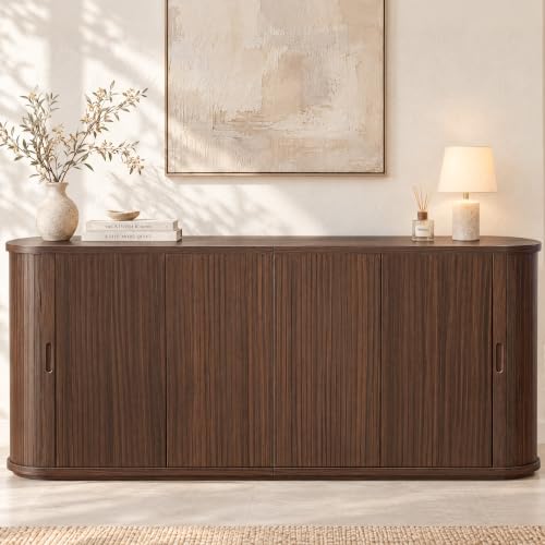 71" Fluted Sideboard Buffet Cabinet with Sliding Doors, Walnut, view 2