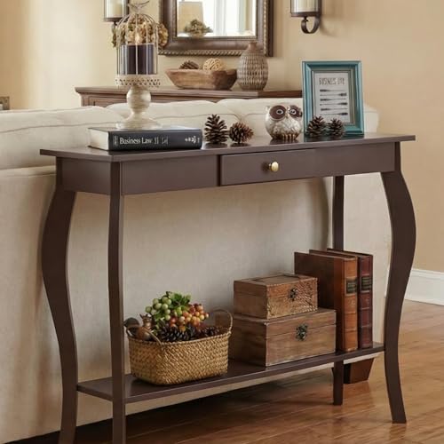 Narrow Console Table with Drawer, Chic Accent Sofa Entryway Table with Shelves for Entryway, Living Room, Hallway, Espresso