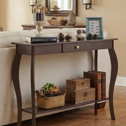 Narrow Console Table with Drawer, Chic Accent Sofa Entryway Table with Shelves for Entryway, Living Room, Hallway, Espresso