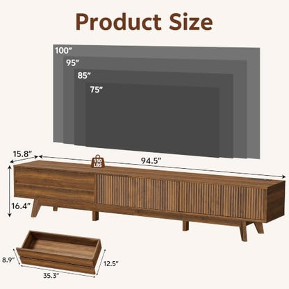 94" Fluted TV Stand with Power Outlet, Living Room TV Stand Walnut, view 3