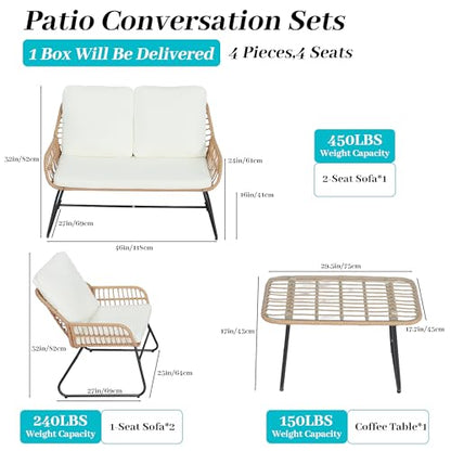 EortheX 4 Pieces Outdoor Patio Furniture Set,Patio Conversation Set,Rattan Wicker Bistro Sets with Loveseat Chairs and Modern Coffee Table for Backyard Deck Balcony and Garden Lounge Spaces - Beige