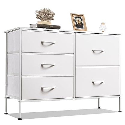 5 Drawer White Fabric Dresser for Bedroom, Wide Storage Chest, view 2