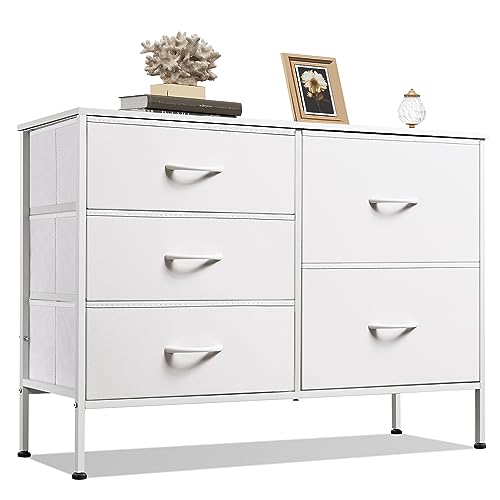 5 Drawer White Fabric Dresser for Bedroom, Wide Storage Chest, view 2