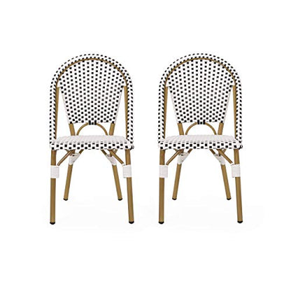 Philomena Outdoor French Bistro Chair (Set of 2), Black + White + Bamboo Print Finish