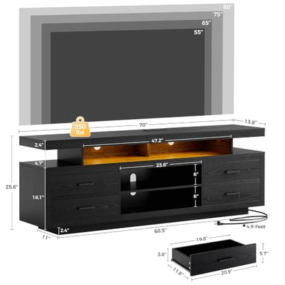 70" TV Stand for TVs up to 80", LED Entertainment Center, Black, view 3