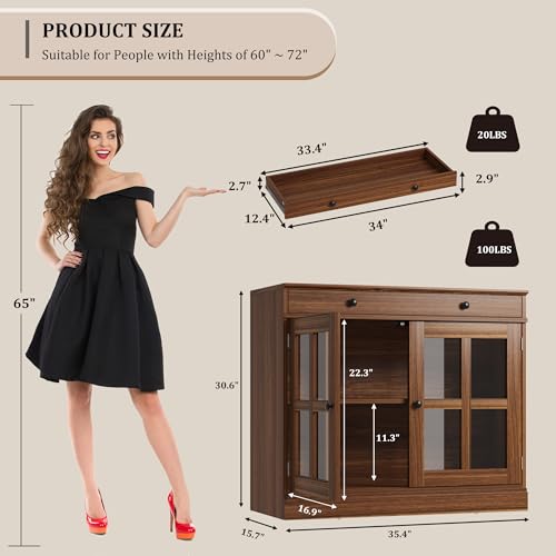Modern 35.4" Sideboard Buffet Cabinet with Glass Door, Walnut, view 4