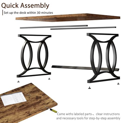 Rustic Home Office Desk, 55 Inch Metal Wood Computer Desk, Simple Industrial Study Executive Desk for Work Writing, Modern Student Gaming Computer PC Table Bedroom, Rustic Brown