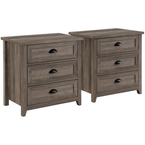 Hazel 2-Piece Modern Farmhouse 3 Drawer Framed Nightstand with Half-Moon Handles Set of 2 Grey Wash