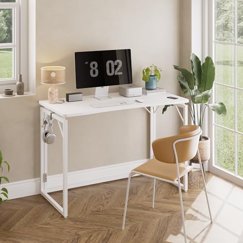 White Folding Desk - 31.5", No Assembly Small Foldable Desk for Home, Office, Wooden Top Folding Computer Desk for Working, Writing, Studying