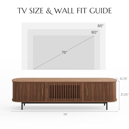 78.74" Wood Fully-Assembled Sliding Tambour Door TV Stand, Walnut, view 3