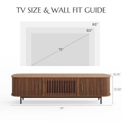 78.74" Wood Fully-Assembled Sliding Tambour Door TV Stand, Walnut, view 3