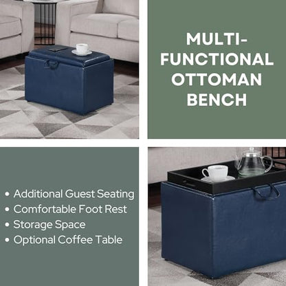 Designs4Comfort Accent Storage Ottoman 22.75" - Modern Foot Stool with Decorative Tray for Living Room, Dining Room, Office, Blue Faux Leather