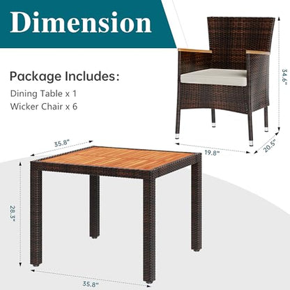 5 PCS Patio Dining Set, Wicker Outdoor Table and Chairs with Soft Cushions, Patio Furniture Set with Wood Table Top for Backyard, Deck and Garden, Brown Rattan