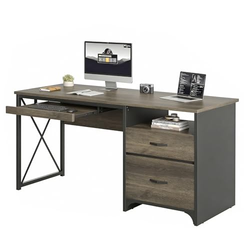 Office Desk with Drawers, 55 inch Industrial Computer Desk with Storage, Wood Teacher Desk with Keyboard Tray & File Drawer for Home Office, Dark Gray Oak