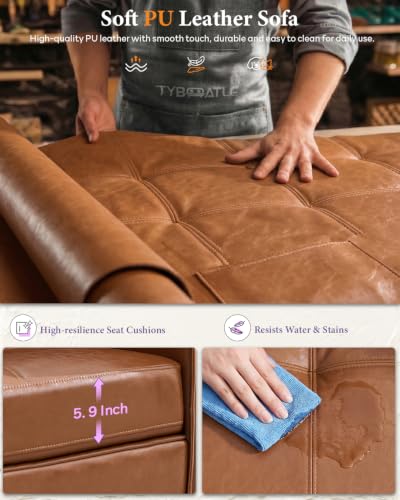 88" Brown Faux Leather Couch, 3 Seater Sofa with USB and Side Pockets