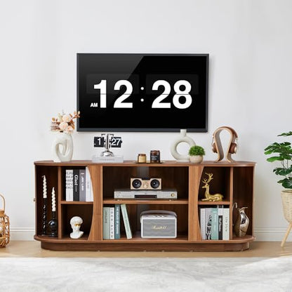 Turtle & Myrtle 63" Mid Century Modern TV Stand for Tvs up to 70", Fluted TV Media Console Table with Storage and Adjustable Shelves, Curved Edge Entertainment Center for Living Room (Brown)
