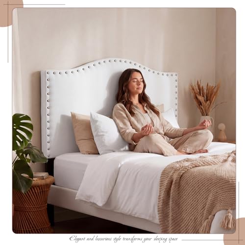 Colingmill 40" x 24" Fabric Upholstered Twin Headboard White with Nailtrim Bevel Tacked Headboard Bevel College Head Board Adjustable Height from 43" to 55" for Woman Man Bedroom Decor