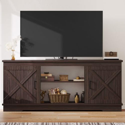 Espresso TV Stand, 2 Barn Doors & Open Shelves, Fits 65" TVs, view 4