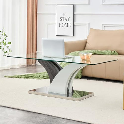 47'' Glass Coffee Table for Living Room,Rectangle Clear Center Table,Modern Glass Sofa Coffee Table with Tempered Glass Top and MDF Thickened Base