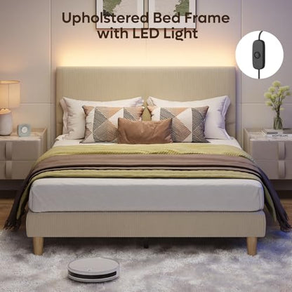 Queen Size Bed Frame with Headboard LED Lighting,Upholstered,Taupe, view 5
