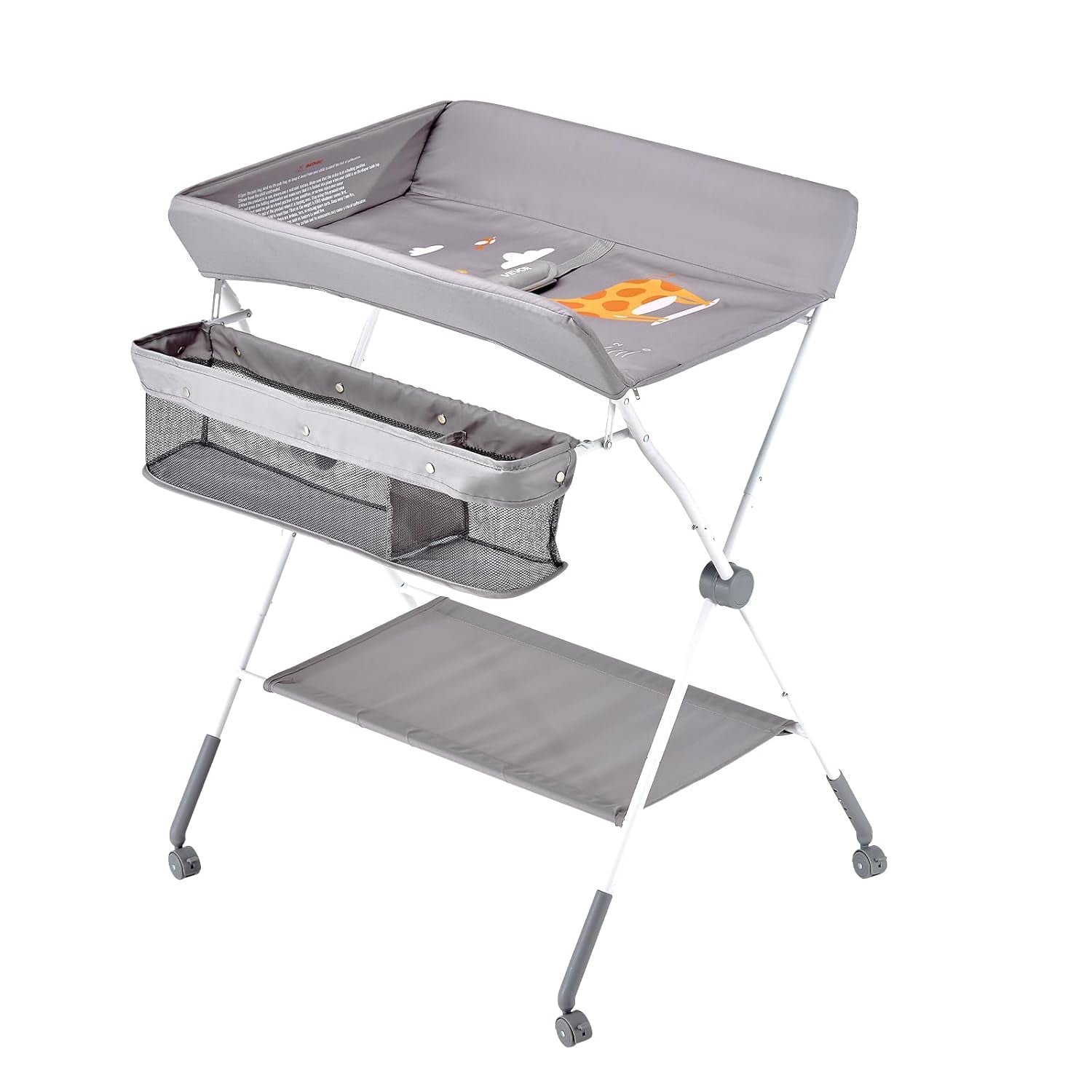 Baby Changing Table, Foldable Diaper Change Station with Side Basket, Adjustable Height Changing Table with Lockable Wheels, Multi-Functional Nursery Storage Organizer, Light Gray
