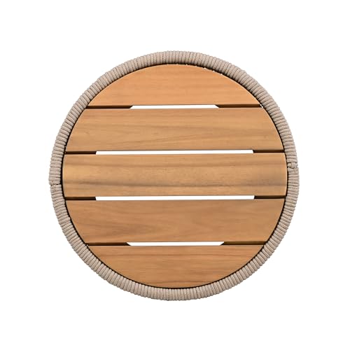 Outdoor Rattan Rope & Acacia Wood Side Table – Patio Balcony Furniture for Garden, Yard, or Indoor Use | 15” Round Top | Modern & Rustic Decor, Nightstand, End Table, or Entryway Accent (Teak+ Beige)