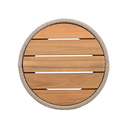 Outdoor Rattan Rope & Acacia Wood Side Table – Patio Balcony Furniture for Garden, Yard, or Indoor Use | 15” Round Top | Modern & Rustic Decor, Nightstand, End Table, or Entryway Accent (Teak+ Beige)