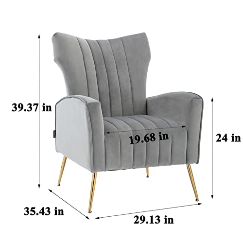 Curved Tufted Accent Chair with Metal Gold Legs Velvet Upholstered Arm Club Leisure Modern Chair for Living Room Bedroom Patio, Grey