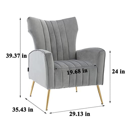 Curved Tufted Accent Chair with Metal Gold Legs Velvet Upholstered Arm Club Leisure Modern Chair for Living Room Bedroom Patio, Grey