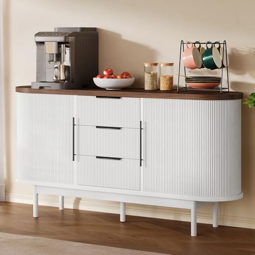 Fluted Sideboard Buffet Cabinet with Storage, White & Brown, view 3