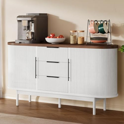 Fluted Sideboard Buffet Cabinet with Storage, White & Brown, view 3
