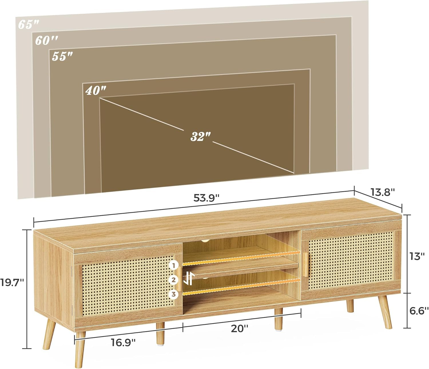 Boho TV Stand for 65 Inch TV, Entertainment Center with Adjustable Shelf, Rattan TV Console with 2 Cabinets, Media Console, Solid Wood Feet, 4 Cord Holes, for Living Room - Natural