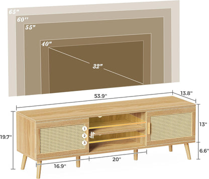 Boho TV Stand for 65 Inch TV, Entertainment Center with Adjustable Shelf, Rattan TV Console with 2 Cabinets, Media Console, Solid Wood Feet, 4 Cord Holes, for Living Room - Natural
