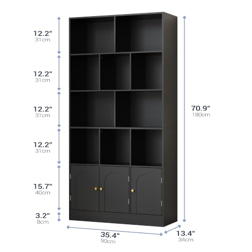 71" Tall Bookshelf with 10 Cubes and 3 Doors, 4-Tier Bookshelf, Open Shelf Bookcase with Cabinet, Modern Cube Storage Organizer for Living Room, and Office, Black