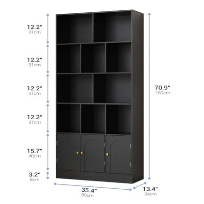 71" Tall Bookshelf with 10 Cubes and 3 Doors, 4-Tier Bookshelf, Open Shelf Bookcase with Cabinet, Modern Cube Storage Organizer for Living Room, and Office, Black