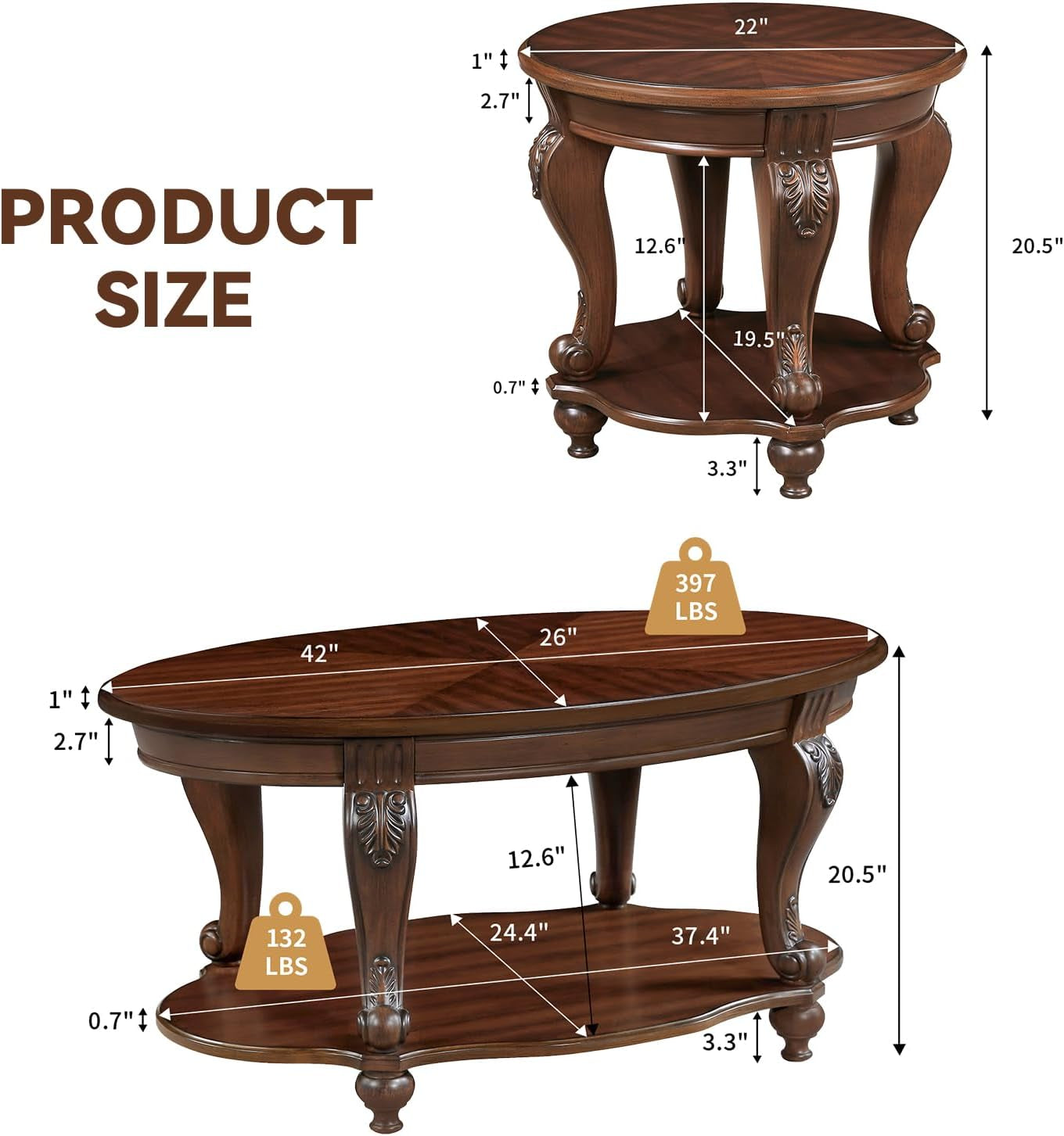 Wood Coffee Table Set with Storage Shelf Oval Coffee Tables and round Side Table for Living Room Farmhouse, Antique Elegant Carved Legs, Easy Assembly, Cherry