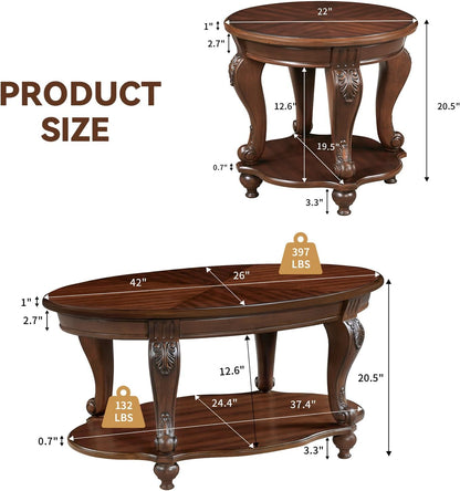 Wood Coffee Table Set with Storage Shelf Oval Coffee Tables and round Side Table for Living Room Farmhouse, Antique Elegant Carved Legs, Easy Assembly, Cherry