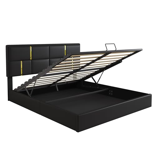 2-Pieces Bedroom Sets, Queen Size PU Upholstered Platform Bed with Hydraulic Storage System, Wood Platform Bed Frame with Metal Legs Storage Ottoman for Kids Teens Adults Bedroom, Black