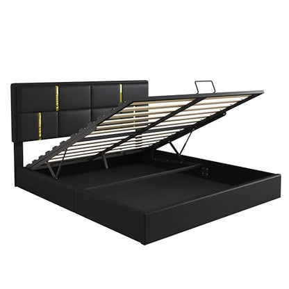 2-Pieces Bedroom Sets, Queen Size PU Upholstered Platform Bed with Hydraulic Storage System, Wood Platform Bed Frame with Metal Legs Storage Ottoman for Kids Teens Adults Bedroom, Black