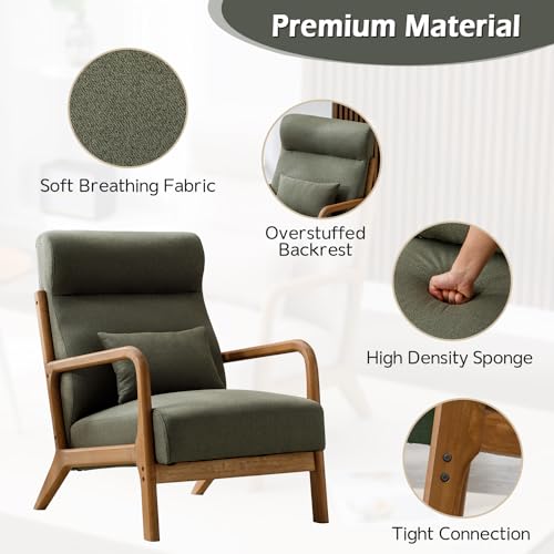 Mid Century Modern Accent Chair with High Back, Upholstered Living Room Chairs with Waist Cushion, Wood Frame Reading Armchair for Bedroom Sunroom, Green