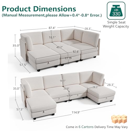Modular Sectional Sofa with Adjustable Backrest, Convertible L/U-Shaped Sleeper Couch for Living Room, Cloud Sofa Bed Modern Reversible Design, Beige